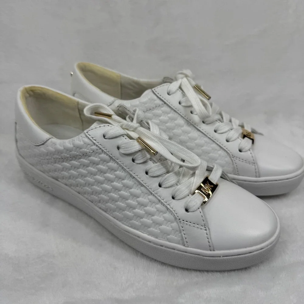NEW Michael Kors Keaton White Leather Embossed MK Logo Sneakers Gold Hardware 7M